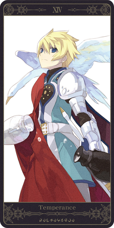 armor, bird, blonde_hair, blue_eyes, cape, expressionless, flynn_scifo, gloves