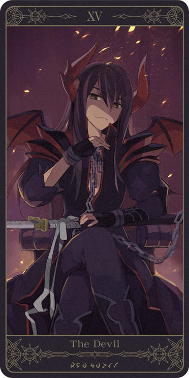 alternate_costume, bat_wings, black_eyes, black_hair, coat, crossed_legs, horns, legs_crossed, long_hair, male, motoko_(ambiy), pants, purple_background, rounded_corners, sitting, smile, solo, sword, tales_of_(series), tales_of_vesperia, tarot, the_devil, weapon, wings, yuri_lowell