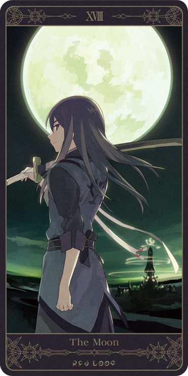 black_eyes, black_hair, city, coat, full_moon, long_hair, looking_back, male