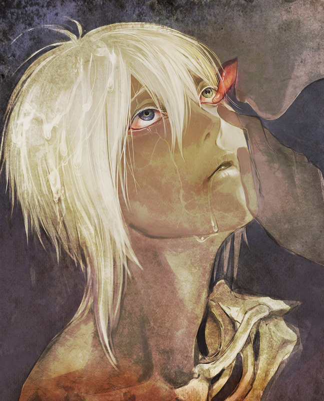 blue_eyes, bone, creepy, dark_skin, drooling, green_eyes, heterochromia, licking