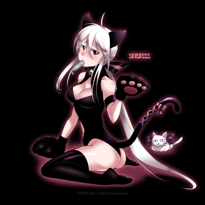 ahoge, animal_ears, ass, bare_shoulders, bell, black_background, black_legwear, blush