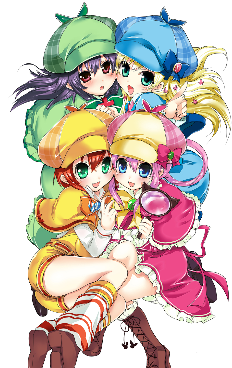 aqua_eyes, belt, black_hair, blonde_hair, blue_eyes, blue_ribbon, blush, boots