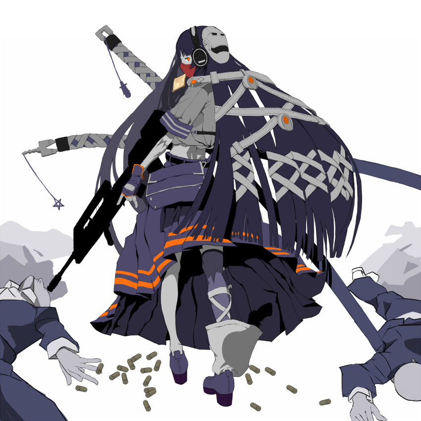 2boys, assault_rifle, bag, bald, bangs, belt, blunt_bangs, bullpup, covering, covering_face, death, expressionless, famas, fingerless_gloves, formal, gloves, gun, hair_ornament, headphones, highres, hone_shoukan, katana, loafers, long_hair, long_skirt, looking_back, lying, mask, mouth_hold, multiple_boys, original, otacool, profile, rifle, school_uniform, serafuku, shell_casing, shoes, short_sleeves, shoulder_bag, silhouette, single_thighhigh, skirt, suit, sword, thigh-highs, thighhighs, toast, toast_in_mouth, trigger_discipline, very_long_hair, walking, weapon