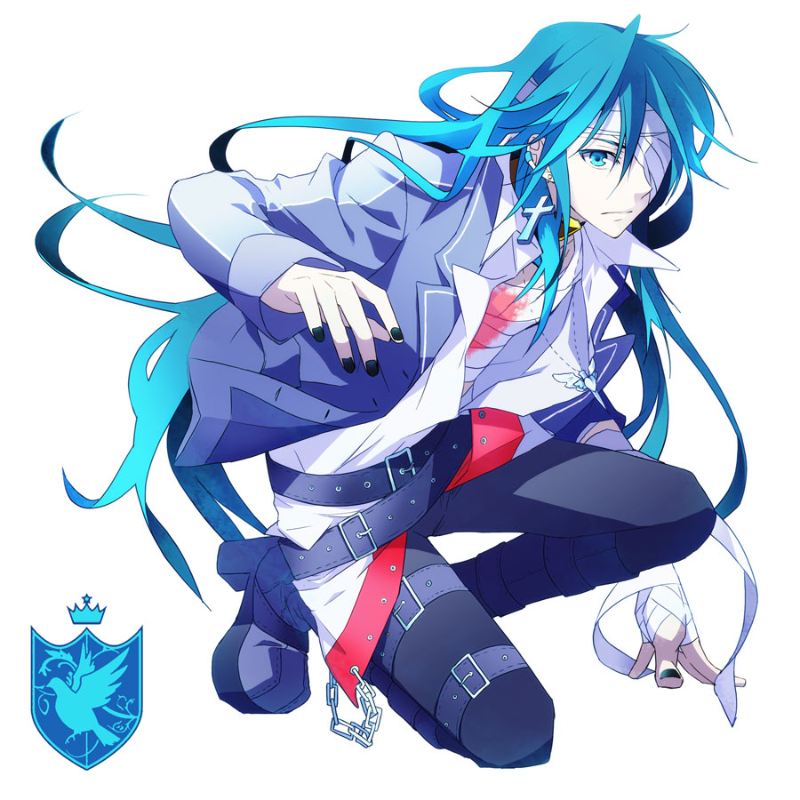 animal, aqua_eyes, aqua_hair, arm_support, arm_up, bad_id, bandage, bandage_over_one_eye, bandages, belt, bird, blood, chain, chains, collar, colored_eyelashes, cross, crown, earrings, emblem, fingernails, hatoful_kareshi, heart, high_heels, higure_anghel, jewelry, kneeling, male, minami_akishou, nail_polish, necklace, one_knee, pants, personification, shirt, shoes, simple_background, solo, unbuttoned, white_background, white_shirt, wings
