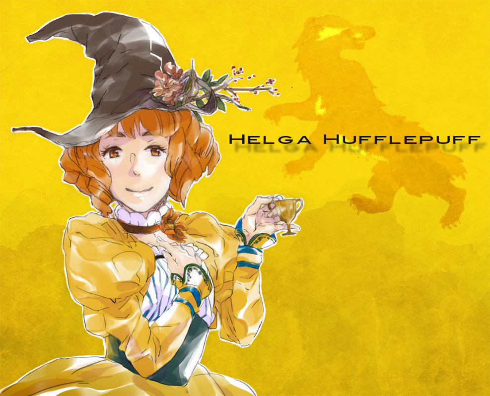 bad_id, brown_eyes, brown_hair, cup, dress, harry_potter, hat, helga_hufflepuff, kena, orange_hair, short_hair, smile, solo, witch_hat