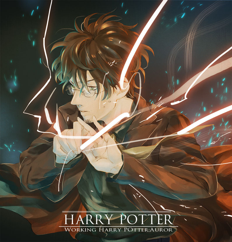 adult, brown_hair, facial_hair, glasses, green_eyes, harry_james_potter, harry_potter, kena, magic, male, robe, solo, stubble
