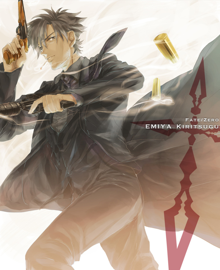 black_eyes, black_hair, casing_ejection, character_name, cigarette, command_spell, dual_wielding, emiya_kiritsugu