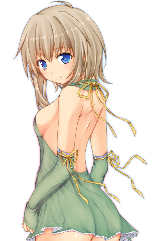 ass, asymmetrical_hair, bare_back, bare_shoulders, big_wednesday, blue_eyes, breasts, brown_hair