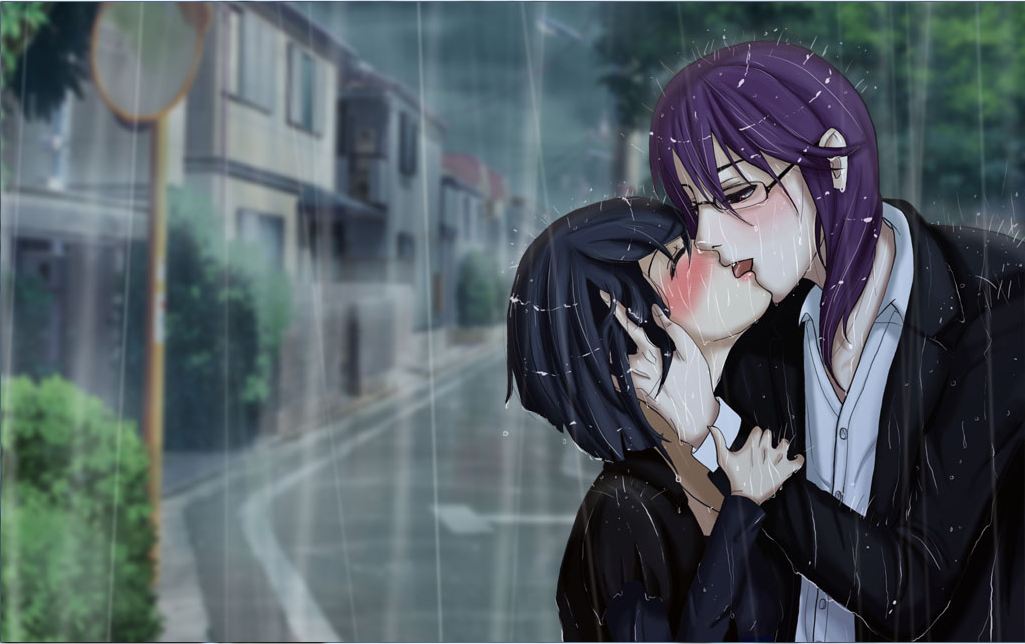 arianna_bell-essai, black_hair, christina_love, dyed_hair, forbidden_love, french_kiss, glasses, john_rook, kissing, older_man, purple_hair, red_eyes, street, wallpaper, younger_girl