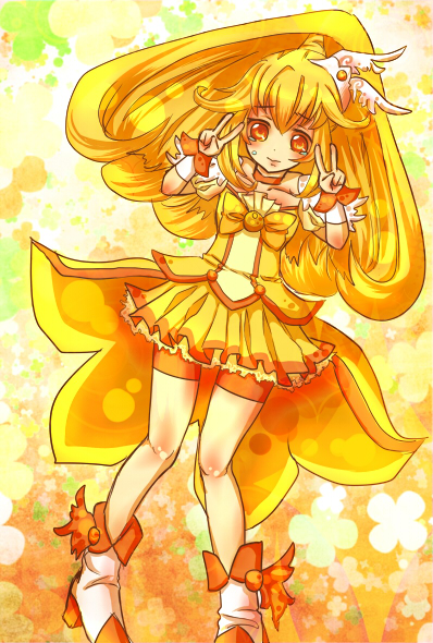 a03kouta, bike_shorts, blonde_hair, choker, cure_peace, double_v, dress, kise_yayoi, long_hair, magical_girl, orange_eyes, precure, shoes, shorts_under_skirt, skirt, smile_precure!, solo, tears, v, yellow, yellow_background, yellow_dress