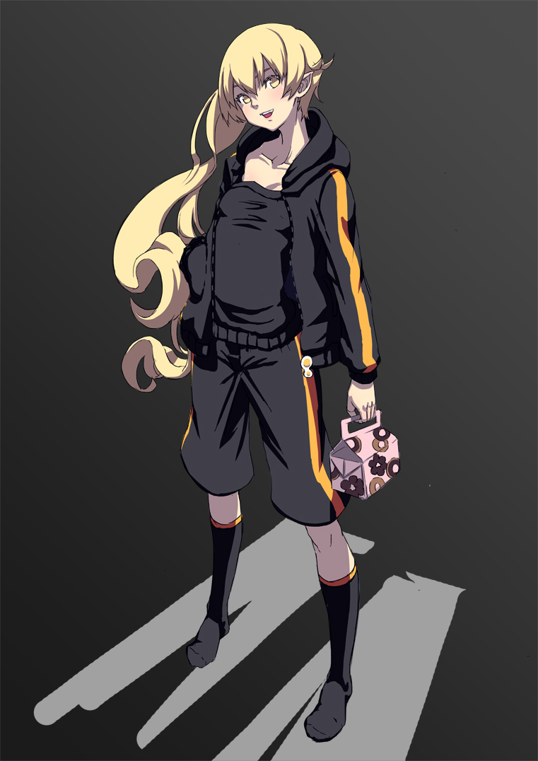 araragi_karen, araragi_karen_(cosplay), blonde_hair, cosplay, hooded_track_jacket, kissshot_acerolaorion_heartunderblade, kotorikoto, long_hair, monogatari_(series), open_mouth, oshino_shinobu, pointy_ears, shorts, side_ponytail, smile, solo, yellow_eyes