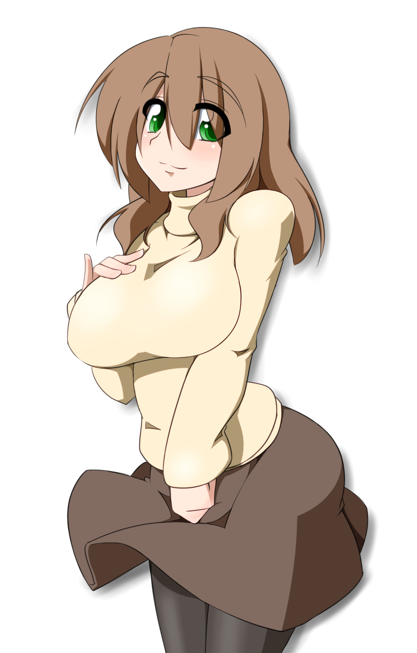 absurdres, breasts, brown_hair, female, green_eyes, highres, huge_breasts, kaz_(shade)