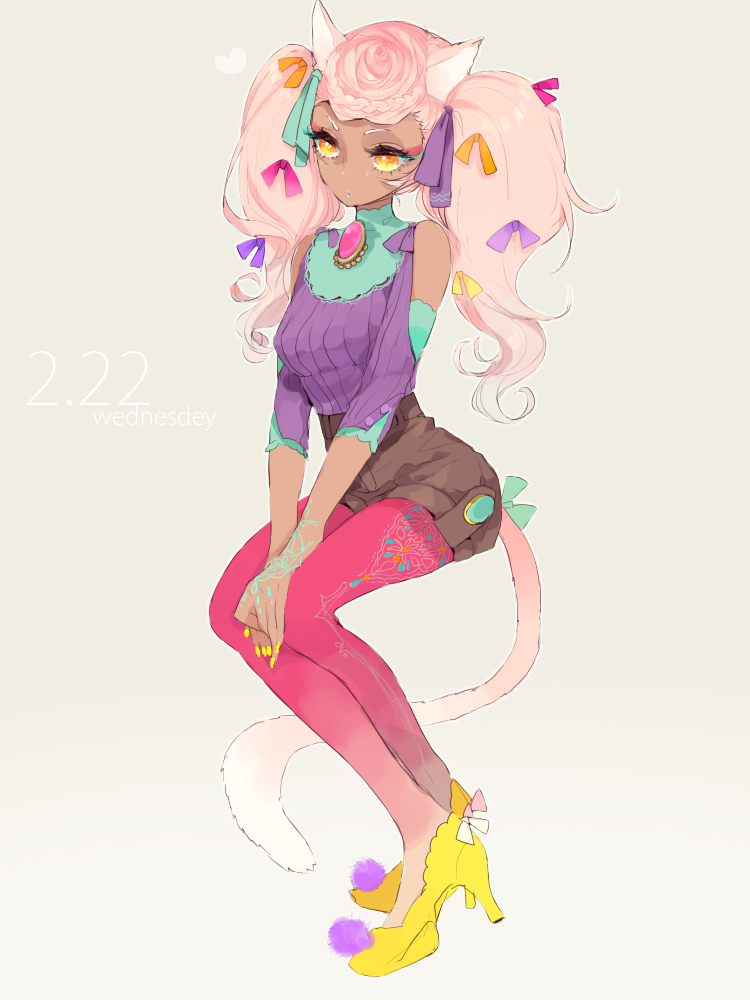 animal_ears, bare_shoulders, bow, braid, brooch, cat_ears, cat_tail, dark_skin