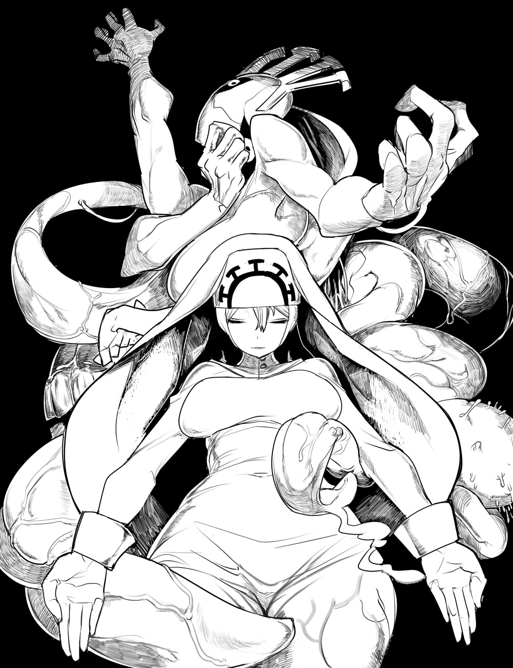 double_(skullgirls), dual_persona, highres, hips, monochrome, mutant, nun, skullgirls