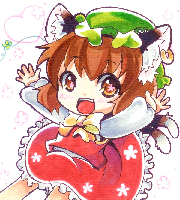 animal_ears, blush, bow, brown_eyes, brown_hair, cat_ears, cat_tail, chen