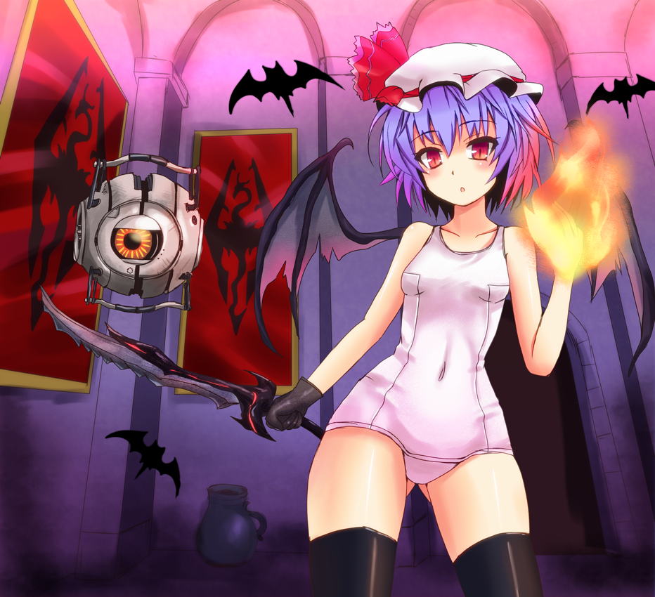 alternate_costume, bare_shoulders, bat, black_legwear, commentary, gloves, portal, portal_2
