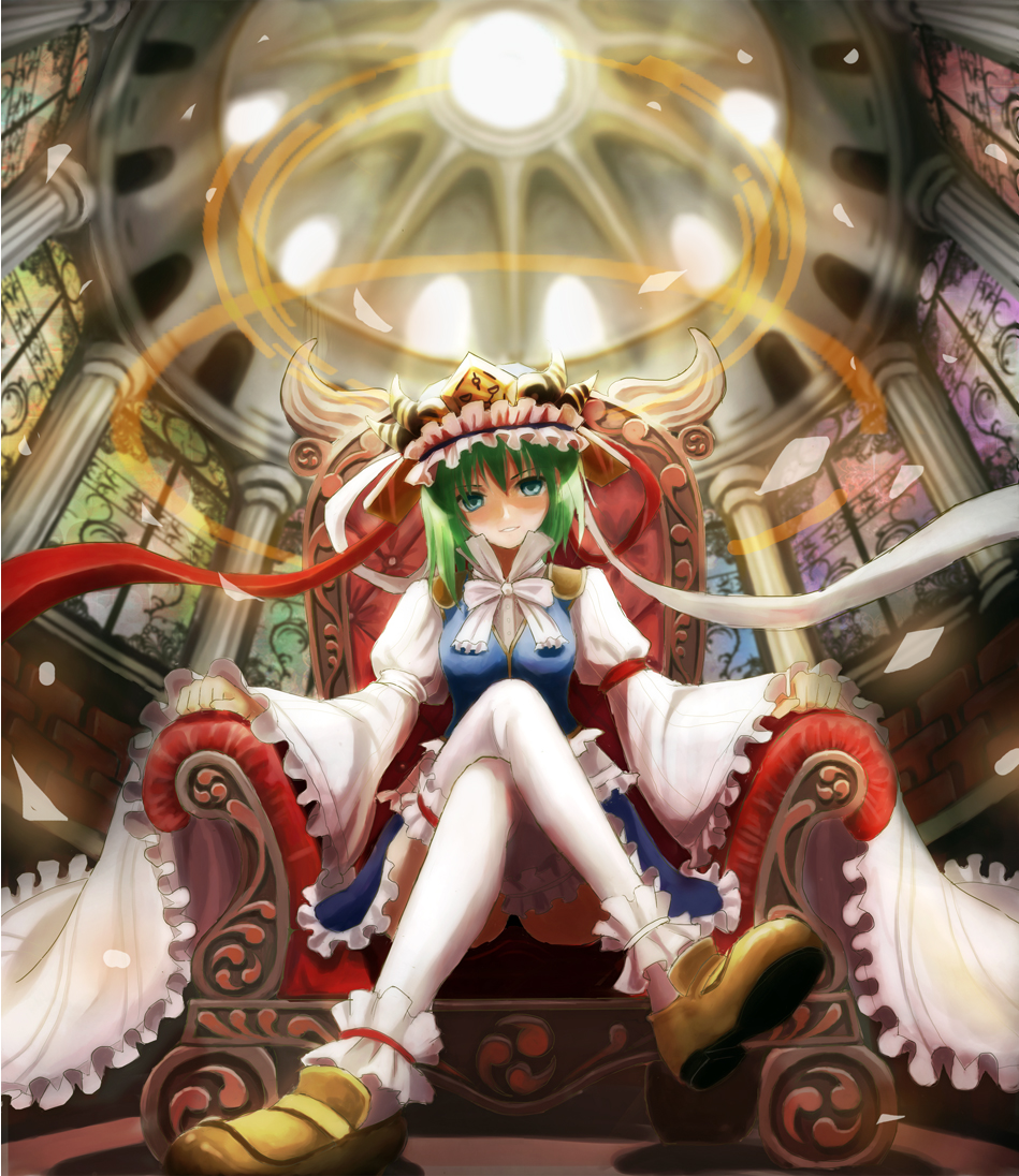 1girl, armchair, blue_eyes, chair, column, crossed_legs, dome, green_hair