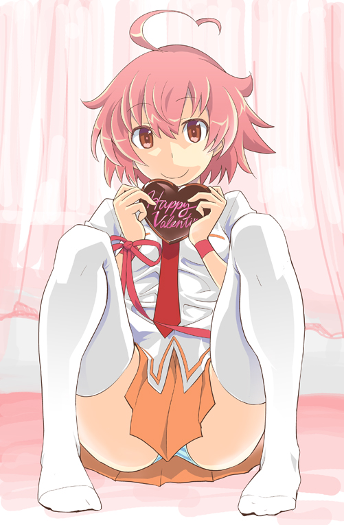 ahoge, aino_heart, arcana_heart, arcana_heart_2, arcana_heart_3, bow, chocolate, chocolate_heart, happy_valentine, heart, heart_ahoge, necktie, panties, pink_hair, ribbon, school_uniform, sitting, skirt, solo, striped, striped_panties, takashi_moritaka, thigh-highs, thighhighs, underwear, valentine, wrist_ribbon