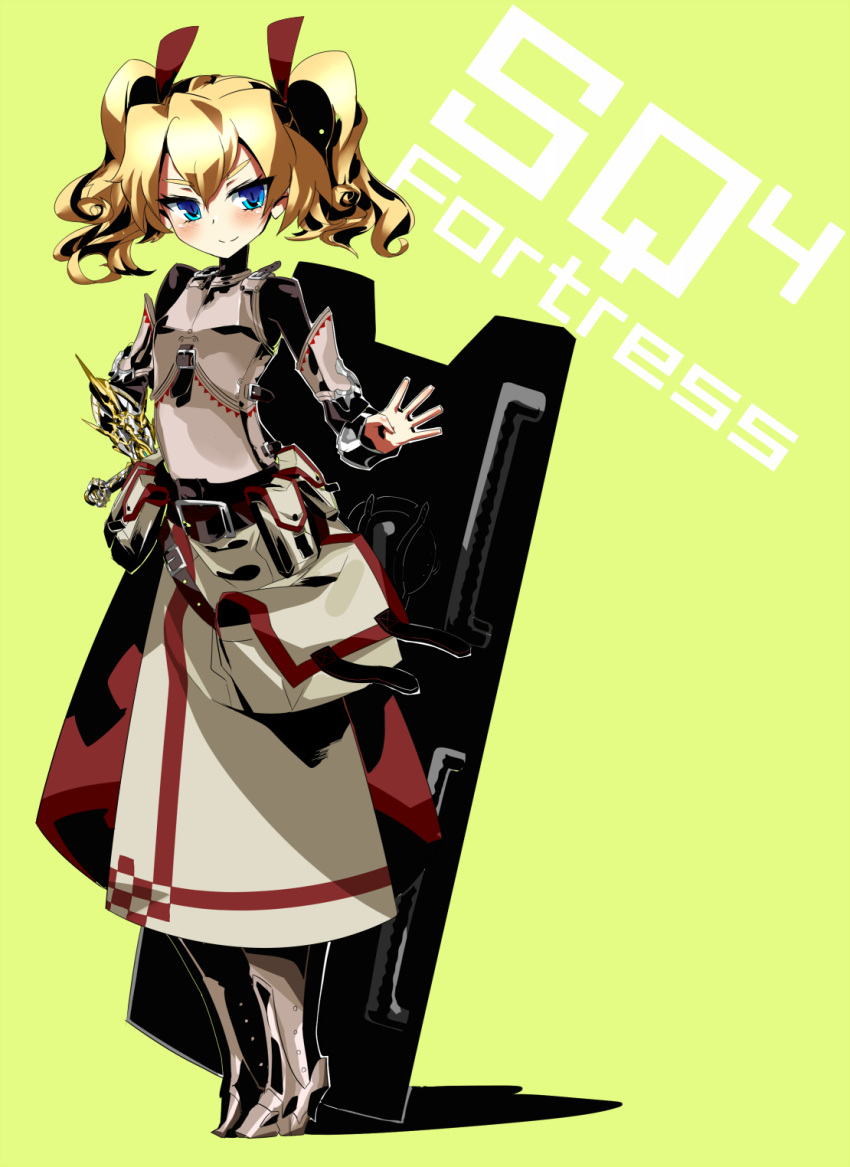 1girl, armor, bag, blonde_hair, blue_eyes, blush, character_name, commentary_request, dress, fortress_(sekaiju), fortress_2_(sekaiju), greaves, highres, nadare-san_(nadare3nwm), sekaiju_no_meikyuu, sekaiju_no_meikyuu_4, shield, smile, solo, takamine_nadare, twintails
