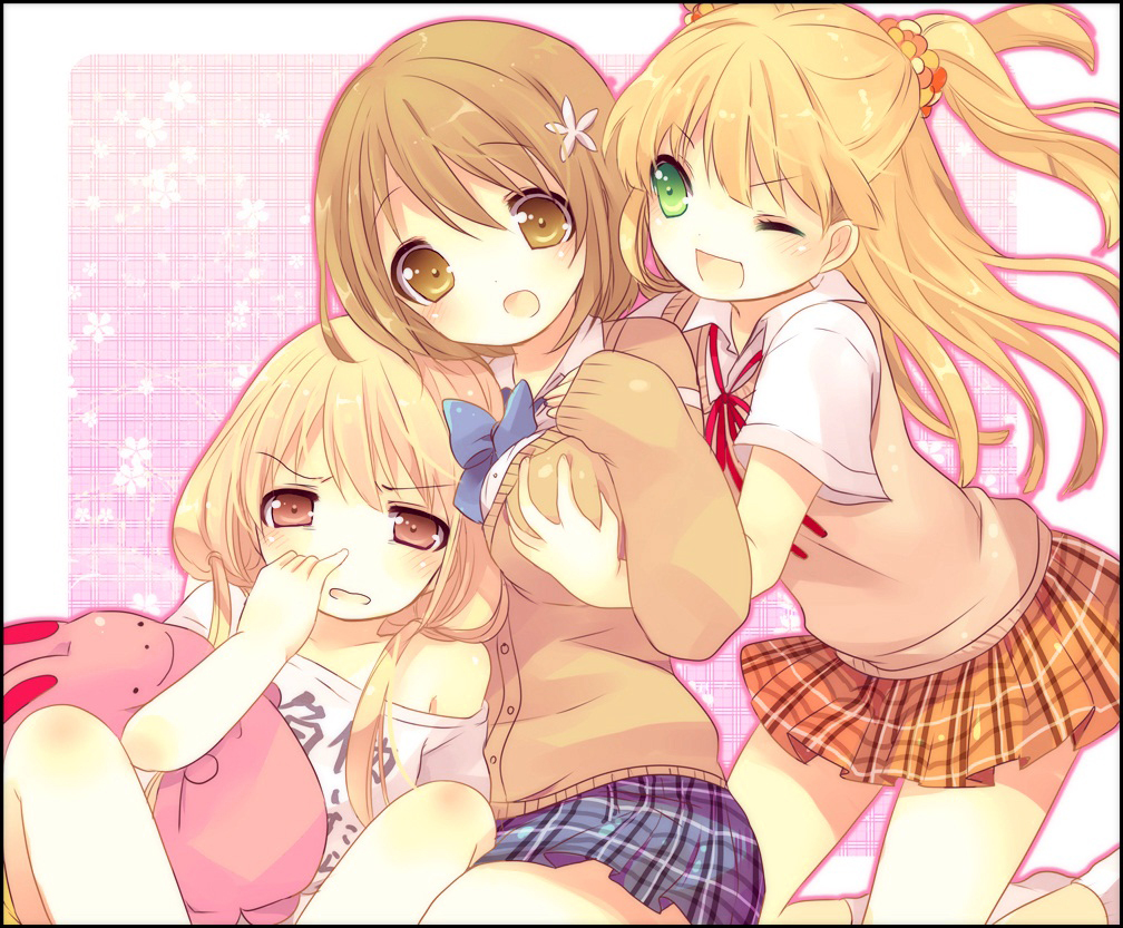 ;d, blonde_hair, blush, breast_grab, breasts, cardigan, clothes_writing, flower