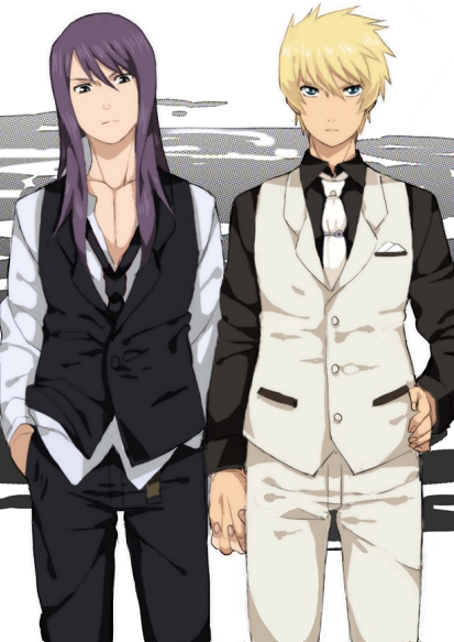 alternate_costume, black_eyes, black_hair, blonde_hair, expressionless, flynn_scifo, formal, hand_holding