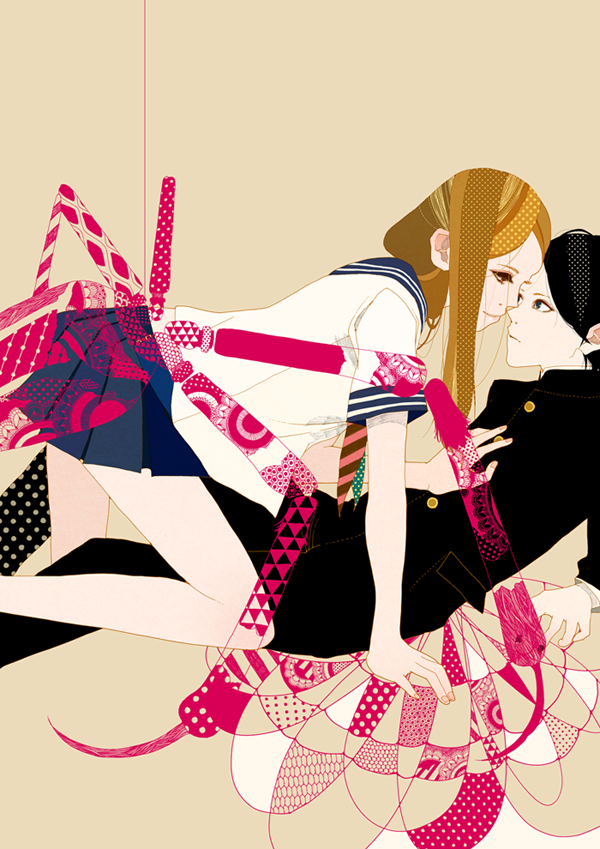 1girl, arm_support, bare_legs, black_hair, brown_hair, eye_contact, gakuran, girl_on_top