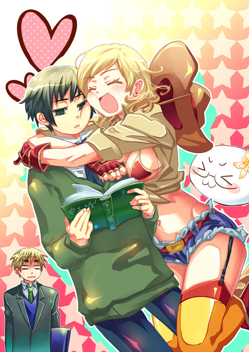 >_<, 2boys, america_(hetalia), axis_powers_hetalia, belt, bikini_top, black_hair, blonde_hair, cowboy_hat, denim, denim_shorts, earrings, fingerless_gloves, food, front-tie_top, garter_straps, genderswap, gloves, hat, heart, hug, japan_(hetalia), jewelry, midriff, mochi, multiple_boys, necktie, shorts, united_kingdom_(hetalia), wagashi, z4