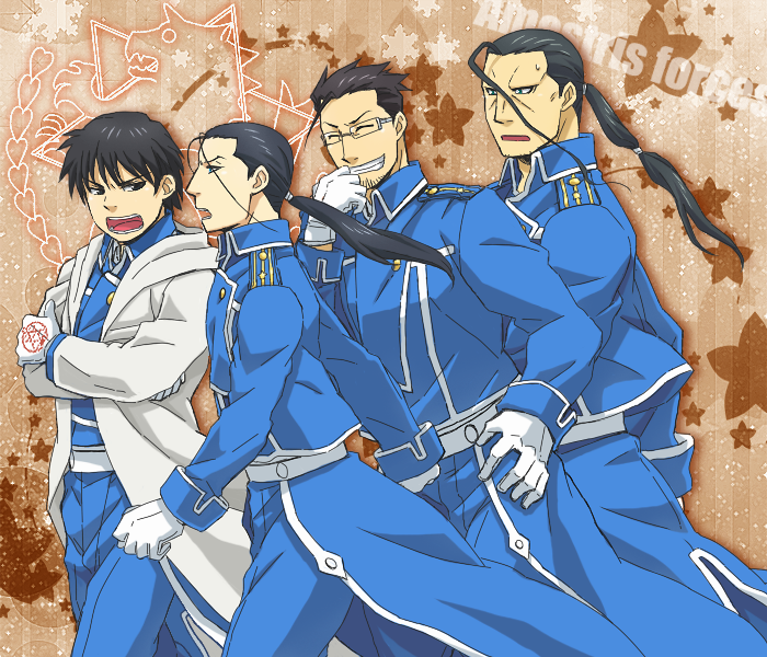 amestris_symbol, fullmetal_alchemist, gloves, isaac_macdougal, maes_hughes, military, military_uniform, multiple_boys, ntm, ponytail, roy_mustang, solf_j_kimblee, star, uniform, white_gloves
