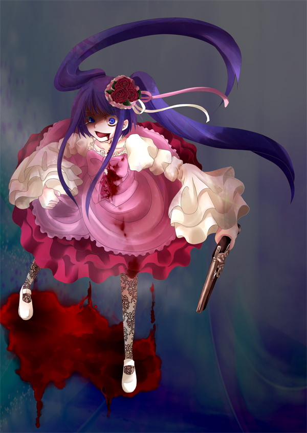 blue_eyes, bow, crazy, dress, flower, furudo_erika, gun, hair_flower