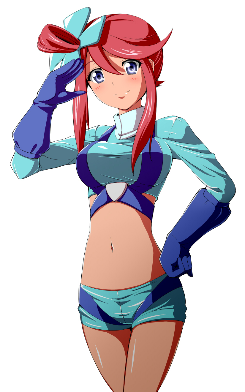 1girl, blue_eyes, blush, crop_top, fuuro_(pokemon), gloves, gym_leader, hair_ornament