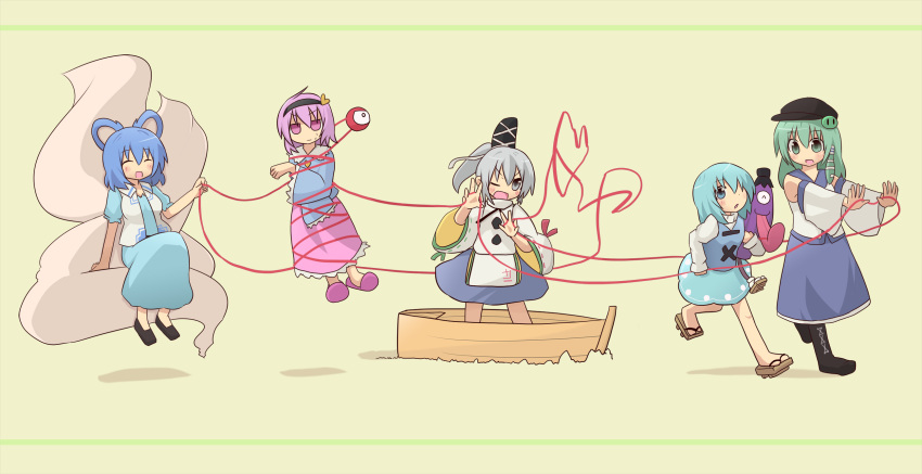 ^_^, blue_dress, blue_eyes, blue_hair, boat, boots, closed_eyes, detached_sleeves