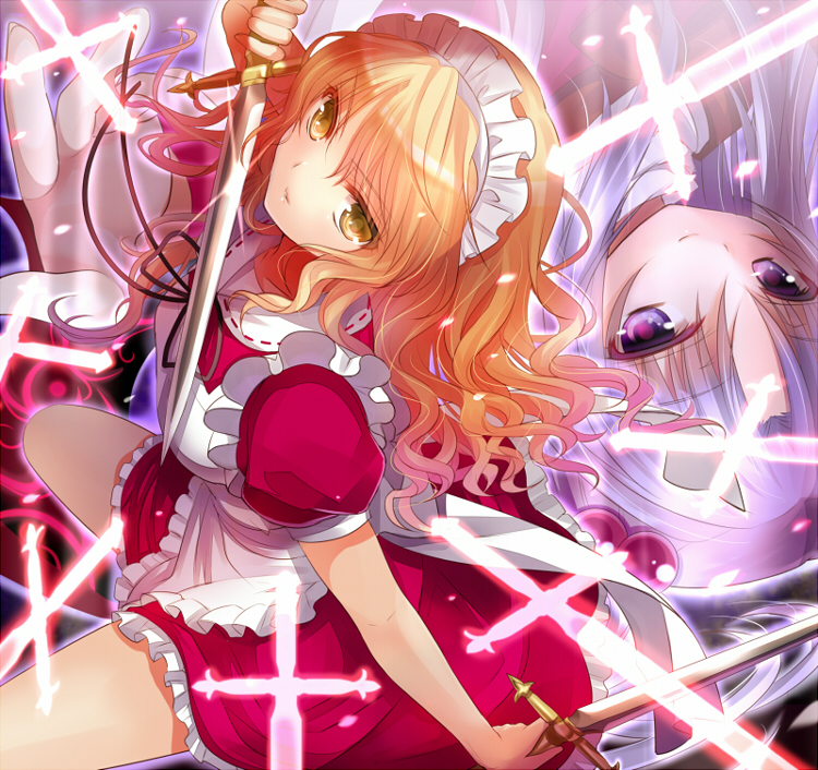 2girls, blonde_hair, chimochi, knife, long_hair, maid, maid_headdress, multiple_girls