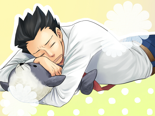 black_hair, capcom, closed_eyes, eyes_closed, flower, gyakuten_saiban, head_rest, long_sleeves, lying, male, naruhodou_ryuuichi, necktie, on_stomach, open_mouth, outline, pants, sabota, seal, sleeping, solo, spiked_hair, spiky_hair, stuffed_animal, stuffed_toy, whiskers