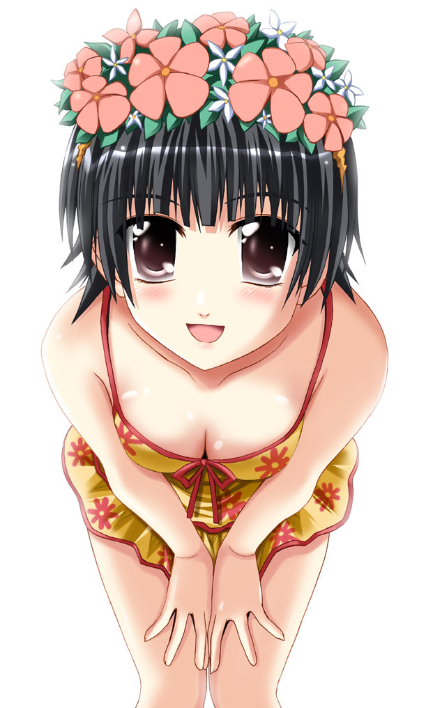 black_hair, blush, breasts, casual_one-piece_swimsuit, cleavage, down_blouse, head_wreath, one-piece_swimsuit