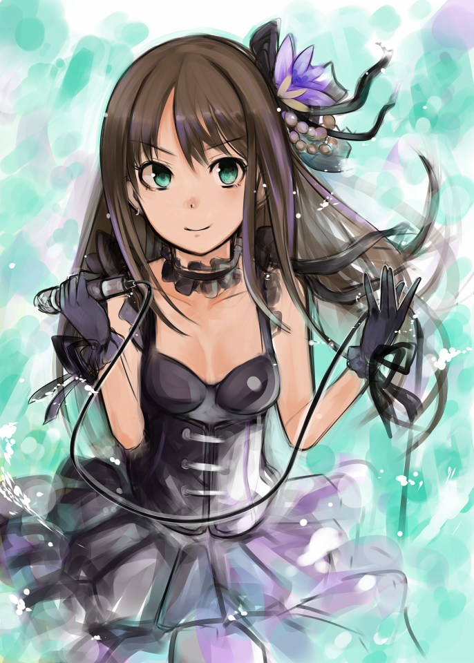 brown_hair, choker, earrings, idolmaster, idolmaster_cinderella_girls, jewelry, long_hair, microphone