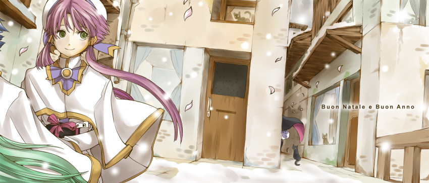 alice_carroll, aria, beret, black_hair, bow, cait_sith_(aria), cat, gift, green_eyes, green_hair, hair_tubes, hat, highres, long_hair, mizunashi_akari, multiple_girls, payot, pink_hair, short_hair, sinlaire, smile, twintails, uniform
