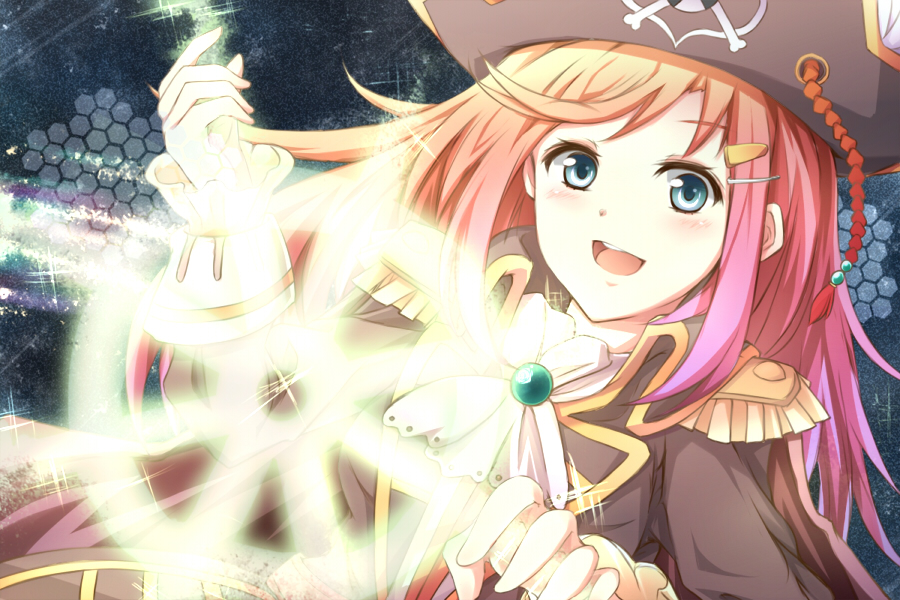 :d, aqua_eyes, blush, cape, cravat, epaulettes, haipclip, hair_ornament, hairclip, hat, hat_feather, katou_marika, long_hair, miniskirt_pirates, open_mouth, pink_hair, pirate, pirate_hat, semony, ship's_wheel, skull_and_crossbones, smile, solo, steering_wheel