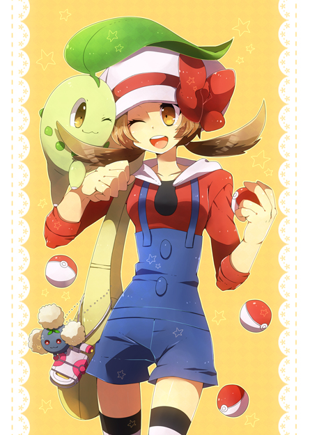 1girl, baseball_cap, brown_eyes, brown_hair, chikorita, doll, hat, holding