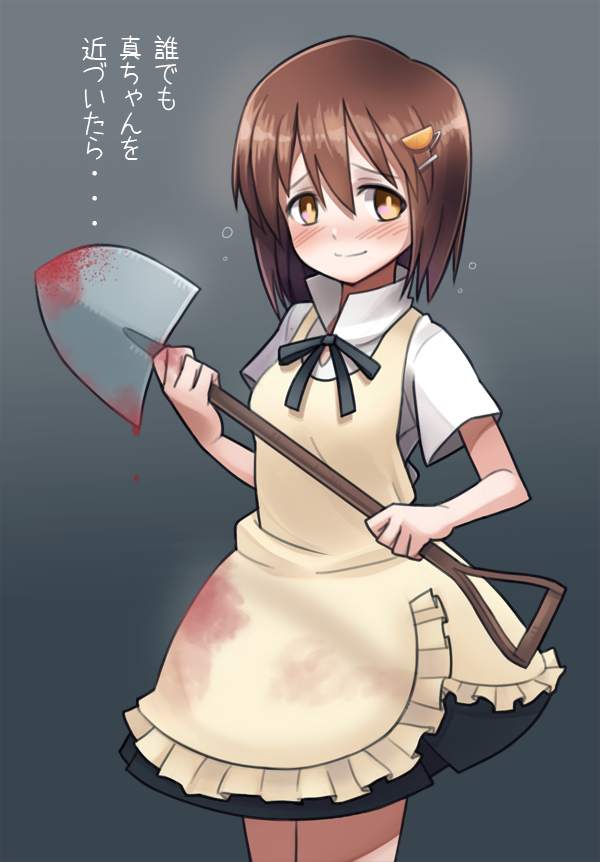 blood, blood_stain, blush, brown_hair, cosplay, empty_eyes, hagiwara_yukiho, hair_ornament