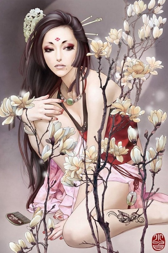 1girl, bracelet, chinese_clothes, du_dou, flower, hair_ornament, jewelry, lips, necklace, signature, solo, zhang_xiaobai