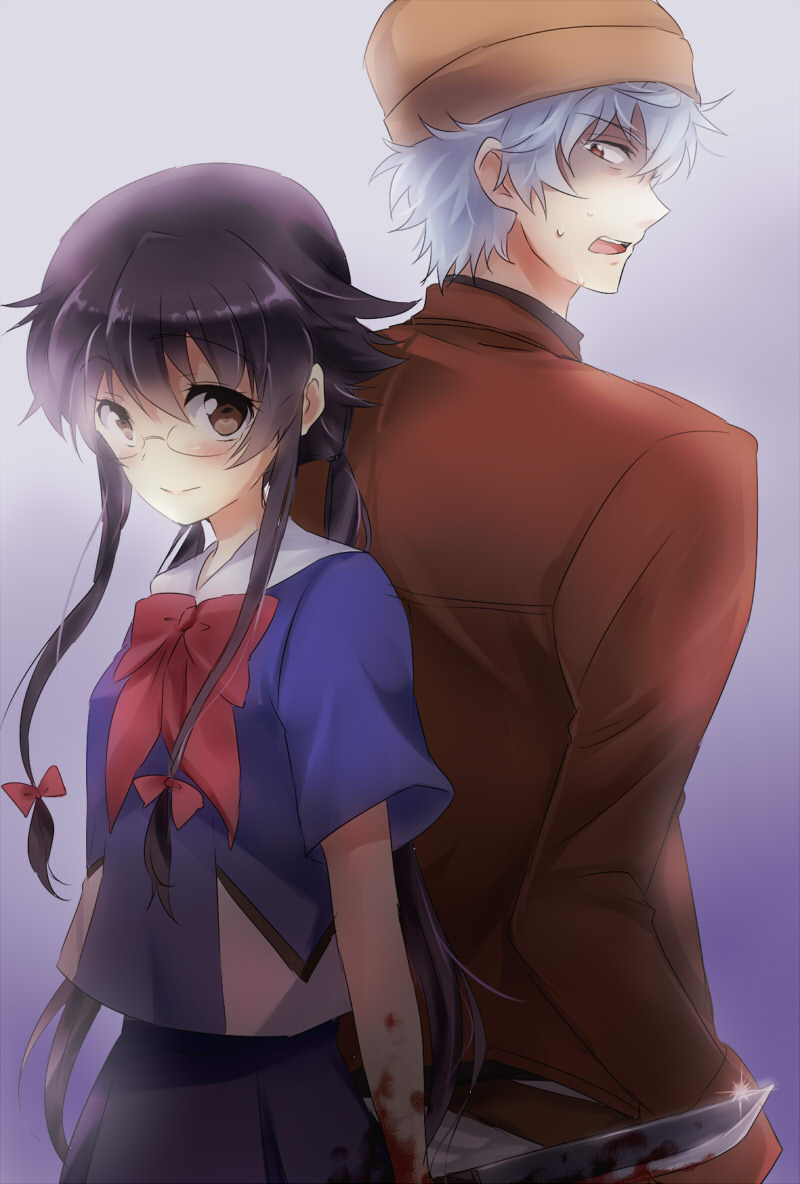 amano_yukiteru_(cosplay), blood, cosplay, crossdressinging, gasai_yuno, gasai_yuno_(cosplay), gintama, glasses, knife, maruki_(punchiki), mirai_nikki, punchiki, sakata_gintoki, shimura_shinpachi, short_hair, trap, white_hair