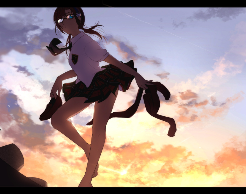 barefoot, blue_eyes, brown_hair, evangelion:_2.0_you_can_(not)_advance, feet, glasses, hairband, holding