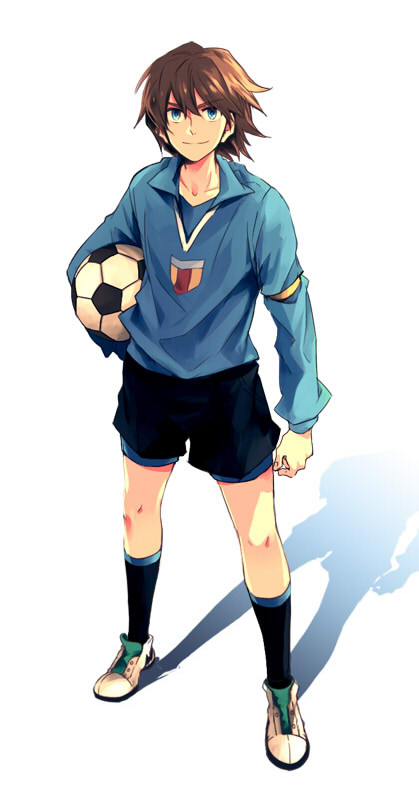 ball, blue_eyes, brown_hair, ddflow, fideo_aldena, inazuma_eleven, inazuma_eleven_(series), kneehighs, male, orpheus_(inazuma_eleven), shadow, shoes, shorts, soccer_ball, soccer_uniform, soccerball, solo
