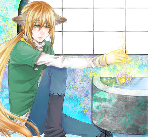 animal_ears, brown_hair, flower, green_eyes, kurosawa_tomo, long_hair, lotus, male