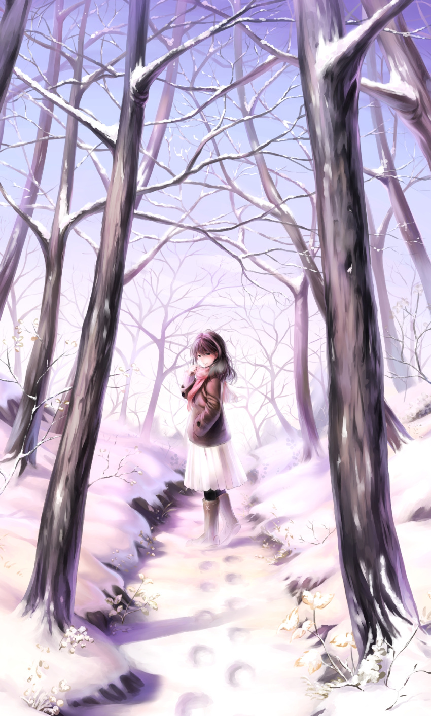 absurdres, black_legwear, boots, breath, brown_hair, coat, footprints, forest