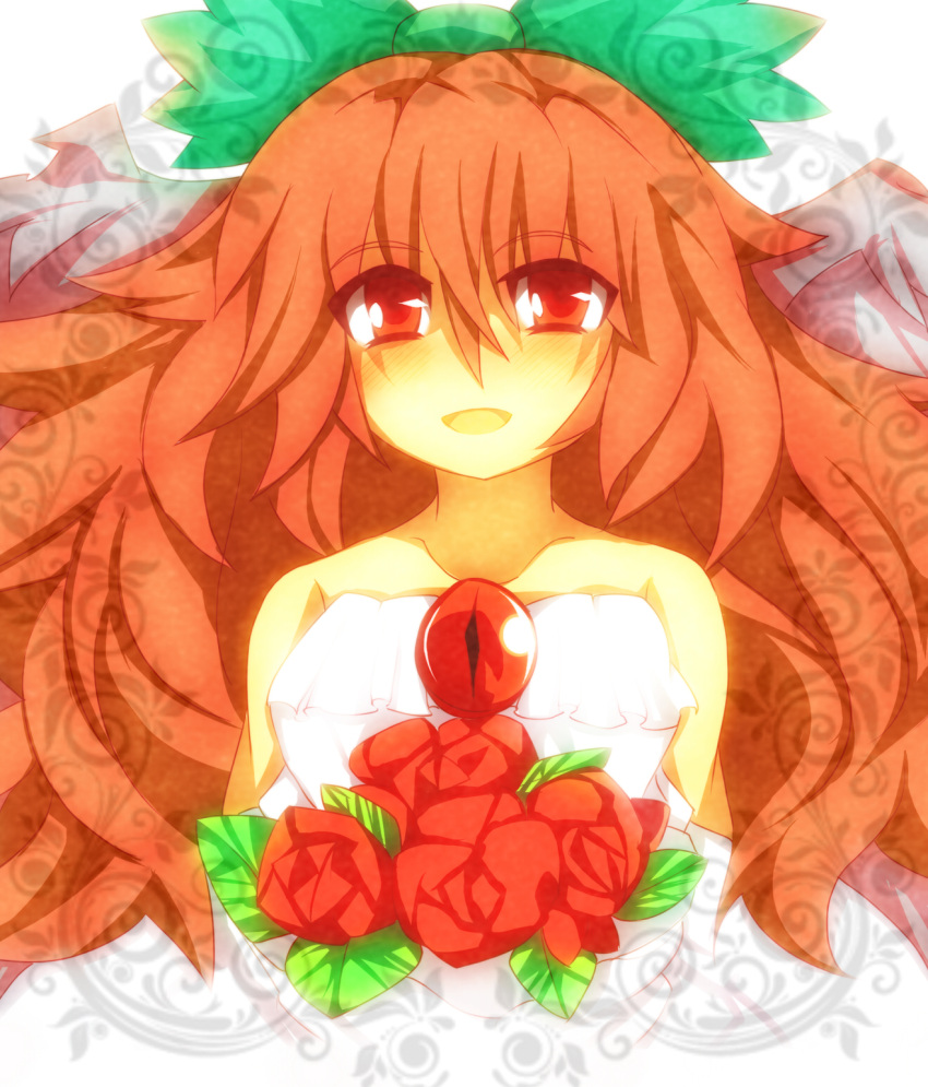 bare_shoulders, blush, bouquet, bow, bust, dress, flower, hair_bow, highres, long_hair, open_mouth, red_eyes, red_hair, redhead, reiuji_utsuho, smile, solo, third_eye, touhou, wedding_dress, wings, zamudelin