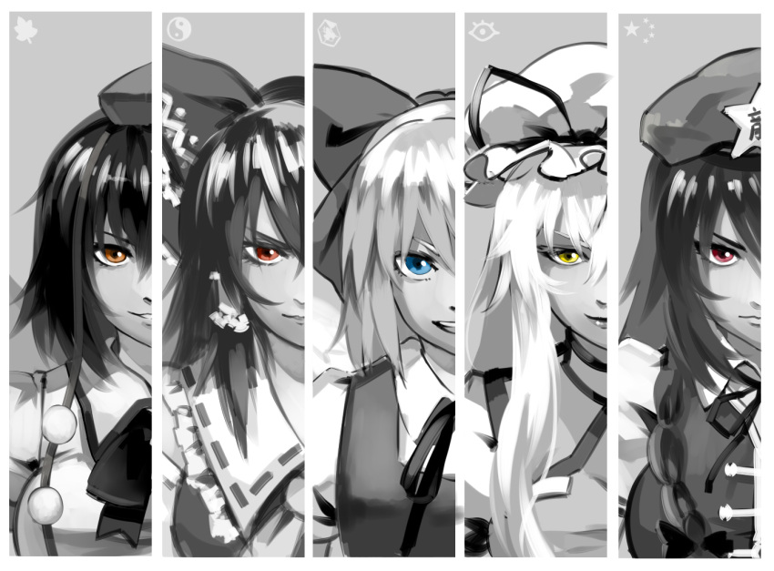 ascot, blue_eyes, bow, braid, cirno, column_lineup, hair_bow, hakurei_reimu, hat, hong_meiling, long_hair, monochrome, multiple_girls, open_mouth, orange_eyes, otaku_(artist), pink_eyes, red_eyes, shameimaru_aya, short_hair, smile, spot_color, star, teeth, tokin_hat, touhou, yakumo_yukari, yellow_eyes