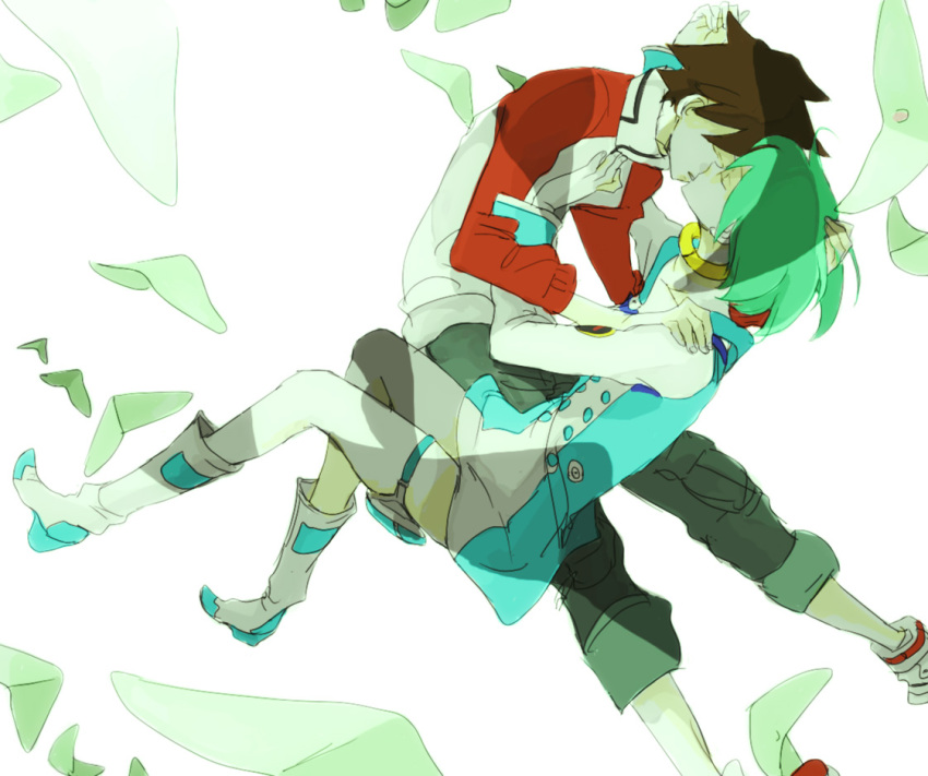 1girl, aqua_hair, boots, brown_hair, closed_eyes, collar, couple, dress