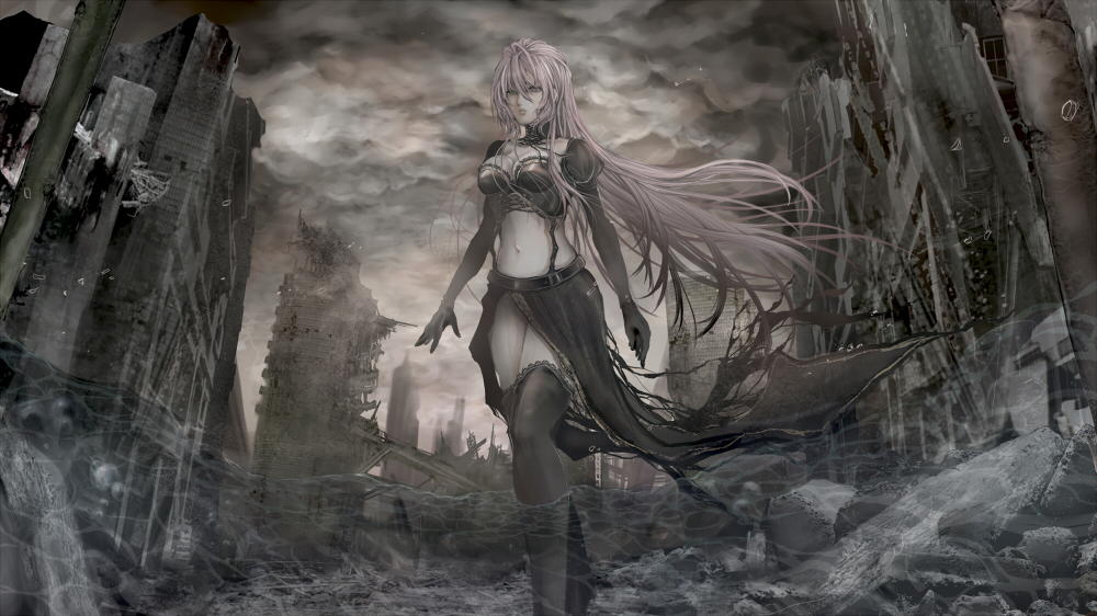 black_legwear, breasts, cleavage, damien666-n, gloves, long_hair, megurine_luka, midriff