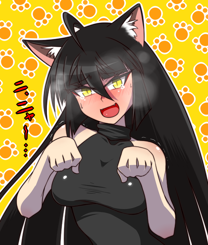 ahoge, animal_ears, bad_id, bare_shoulders, black_hair, blush, breasts, cat_ears